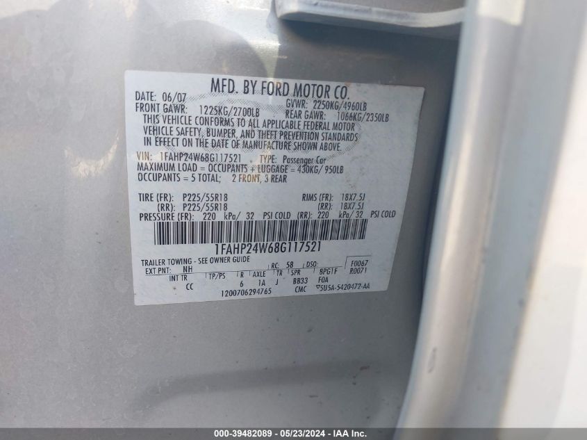 2008 Ford Taurus Sel VIN: 1FAHP24W68G11752 Lot: 39482089