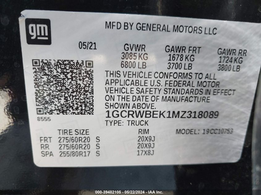 2021 Chevrolet Silverado 1500 2Wd Double Cab Standard Bed Custom VIN: 1GCRWBEK1MZ318089 Lot: 39482105