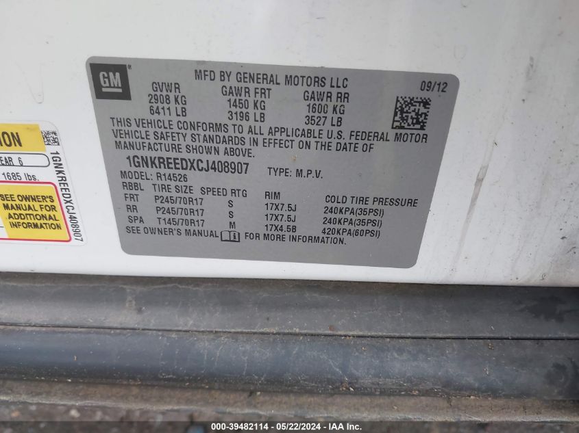 2012 Chevrolet Traverse Ls VIN: 1GNKREEDXCJ408907 Lot: 39482114