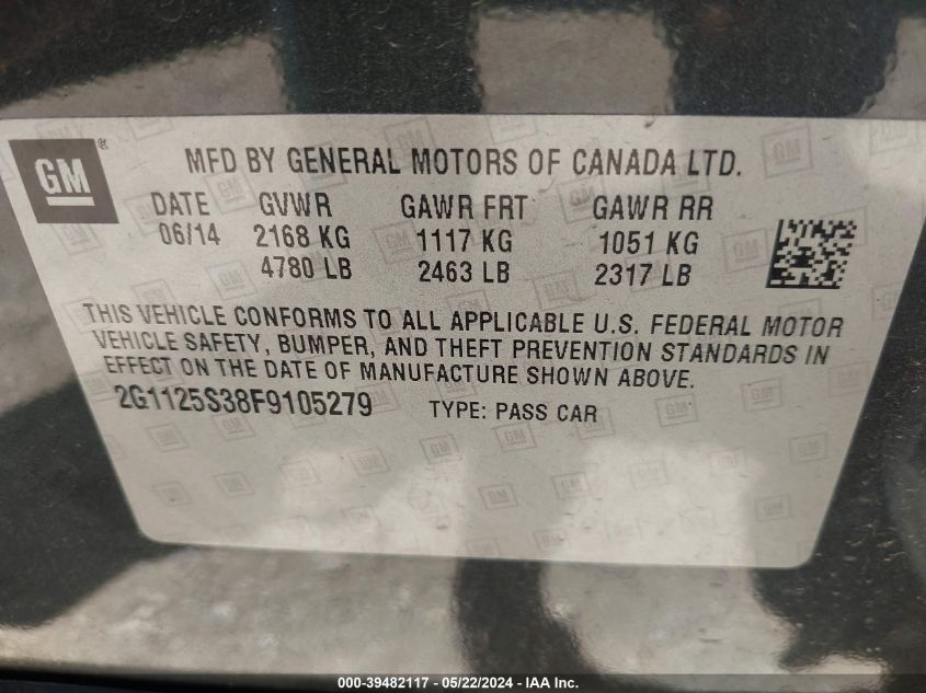 2015 Chevrolet Impala 2Lt VIN: 2G1125S38F9105279 Lot: 39482117