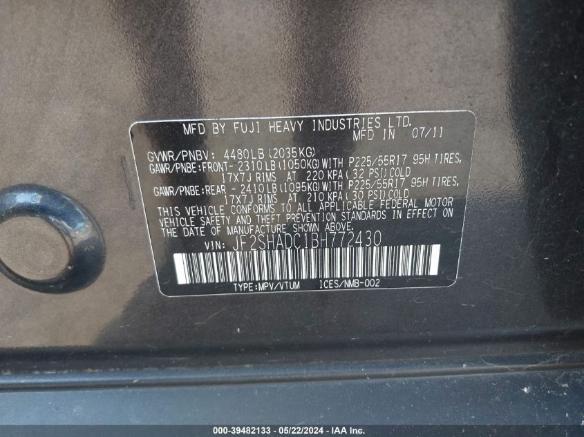2011 Subaru Forester 2.5X Premium VIN: JF2SHADC1BH772430 Lot: 39482133
