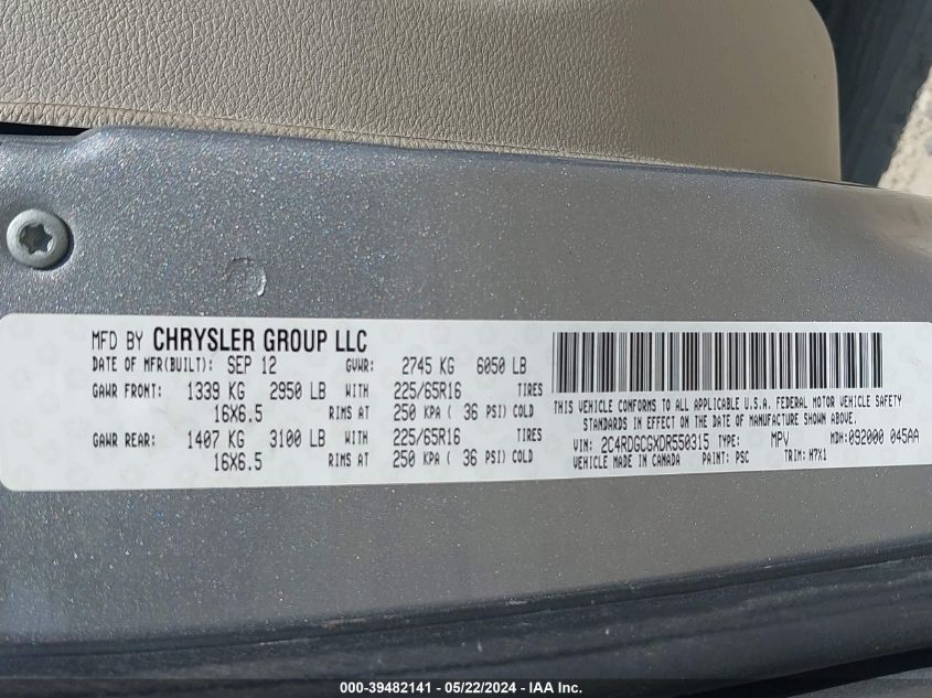 2013 Dodge Grand Caravan Sxt VIN: 2C4RDGCGXDR550315 Lot: 39482141