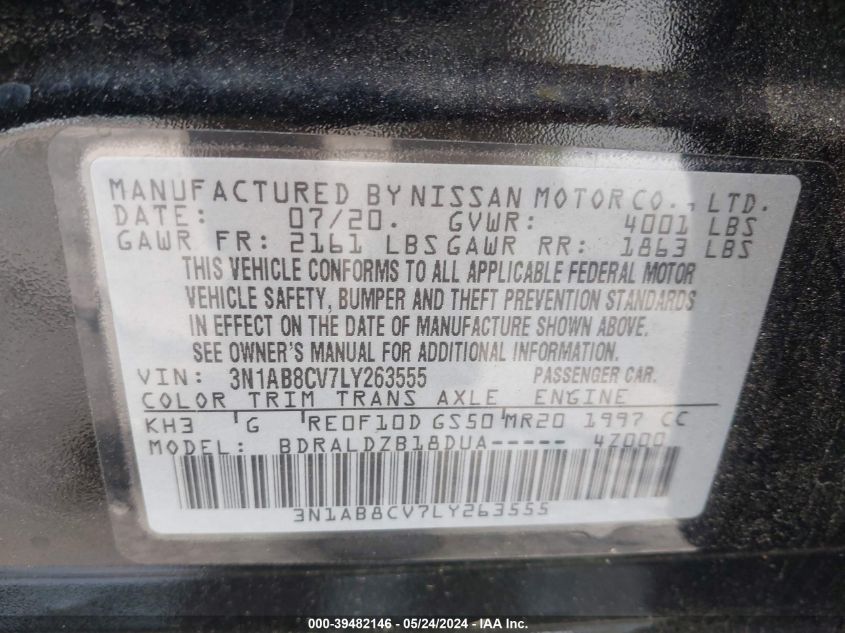 2020 Nissan Sentra Sv Xtronic Cvt VIN: 3N1AB8CV7LY263555 Lot: 39482146