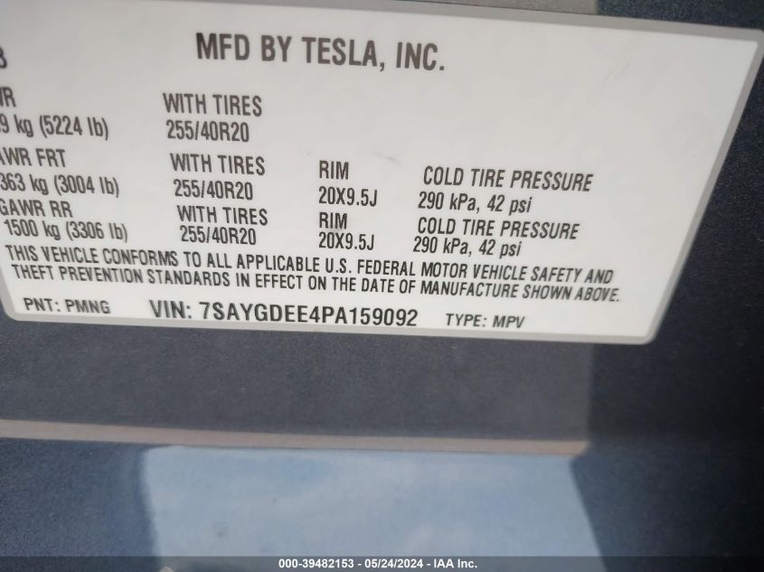 2023 Tesla Model Y Awd/Long Range Dual Motor All-Wheel Drive VIN: 7SAYGDEE4PA159092 Lot: 39482153