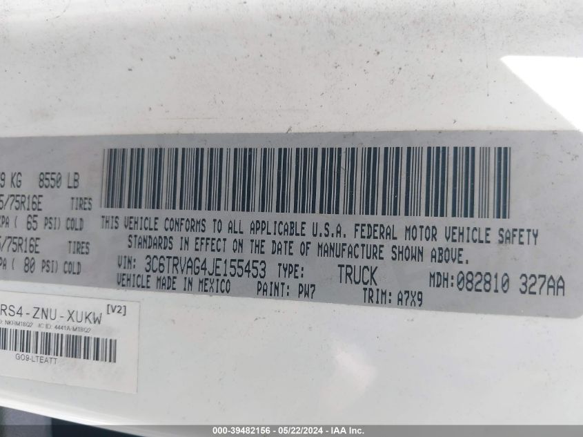 2018 Ram Promaster 1500 Low Roof 136 Wb VIN: 3C6TRVAG4JE155453 Lot: 39482156