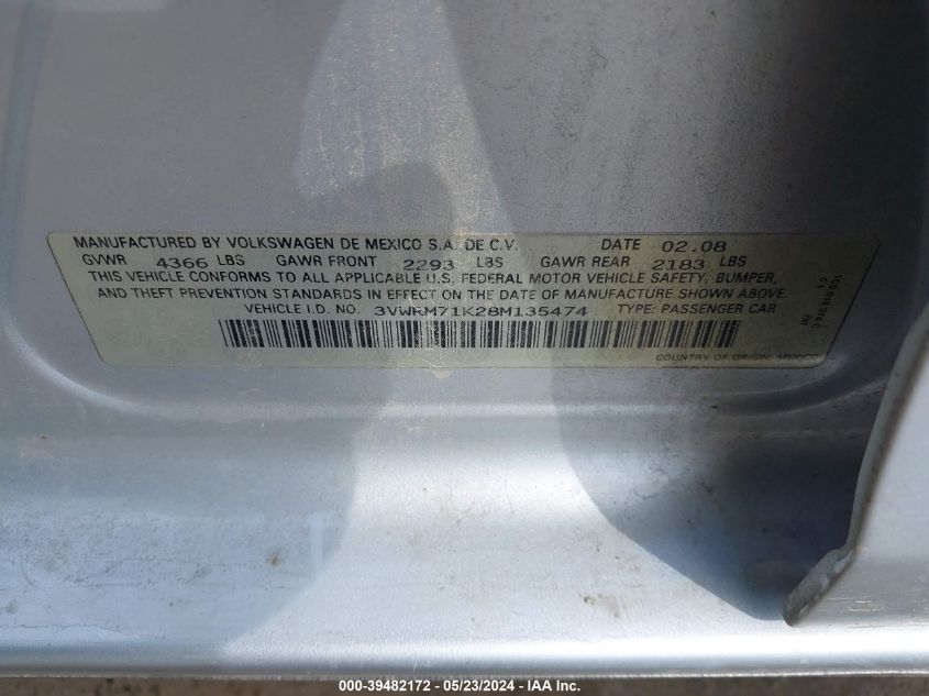2008 Volkswagen Jetta Se VIN: 3VWRM71K28M135474 Lot: 39482172