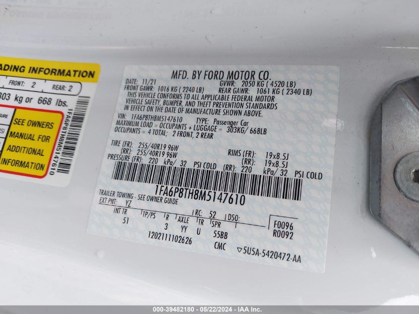 2021 Ford Mustang Ecoboost Premium Fastback VIN: 1FA6P8TH8M5147610 Lot: 39482180