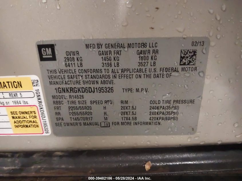 2013 Chevrolet Traverse 1Lt VIN: 1GNKRGKD6DJ195326 Lot: 39482186