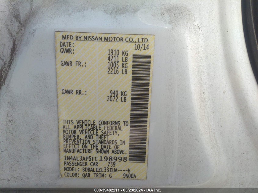 2015 Nissan Altima 2.5 Sv VIN: 1N4AL3AP5FC198998 Lot: 39482211