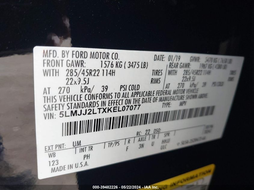 2019 Lincoln Navigator Reserve VIN: 5LMJJ2LTXKEL07077 Lot: 39482226
