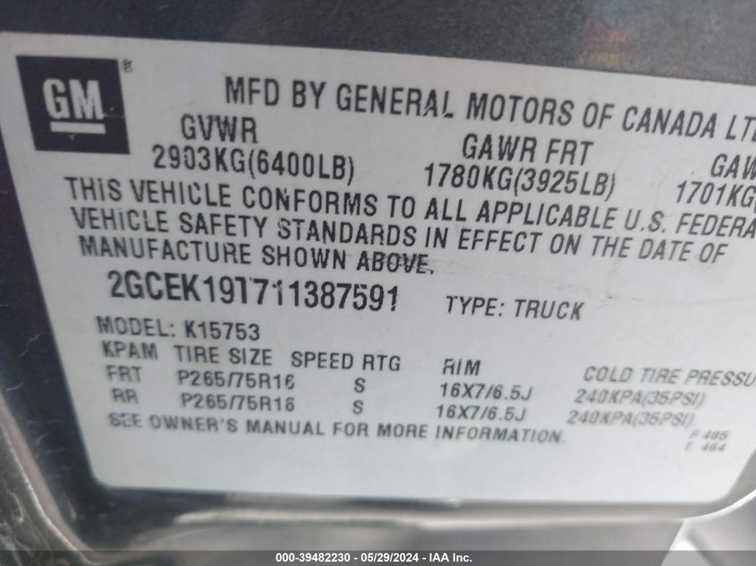 2001 Chevrolet Silverado 1500 Ls VIN: 2GCEK19T711387591 Lot: 39482230