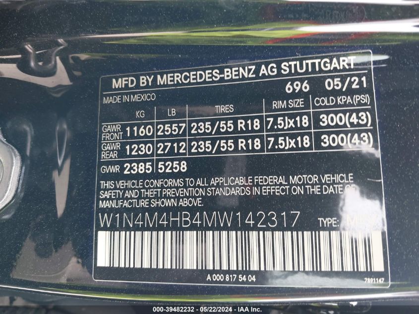 2021 Mercedes-Benz Glb 250 4Matic VIN: W1N4M4HB4MW142317 Lot: 39482232