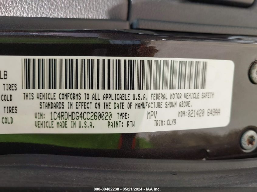 2012 Dodge Durango Crew VIN: 1C4RDHDG4CC260020 Lot: 39482238