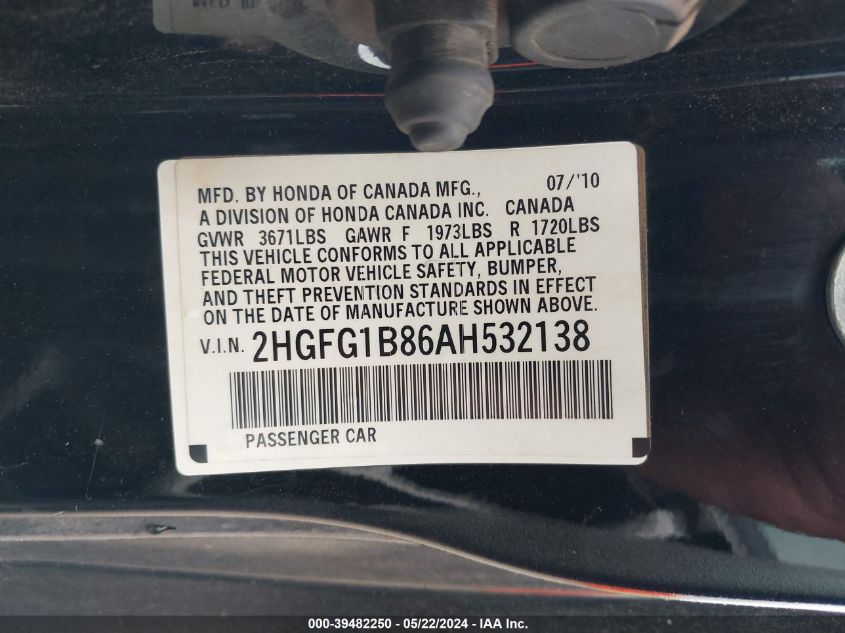 2010 Honda Civic Ex VIN: 2HGFG1B86AH532138 Lot: 39482250