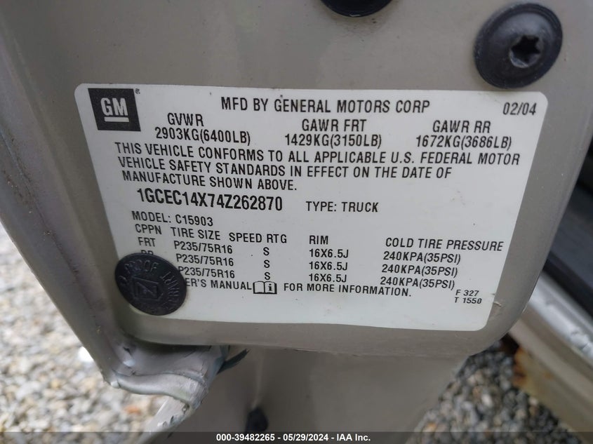 2004 Chevrolet Silverado 1500 Work Truck VIN: 1GCEC14X74Z262870 Lot: 39482265