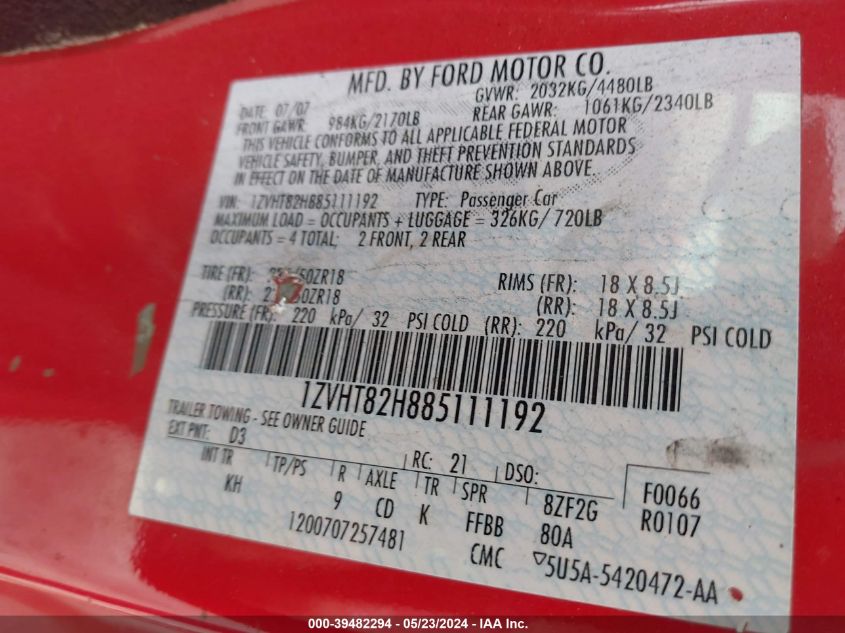 2008 Ford Mustang Gt Premium VIN: 1ZVHT82H885111192 Lot: 39482294