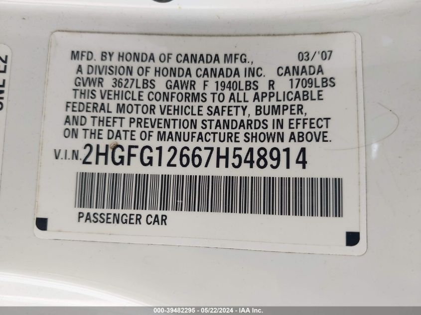 2007 Honda Civic Lx VIN: 2HGFG12667H548914 Lot: 39482295