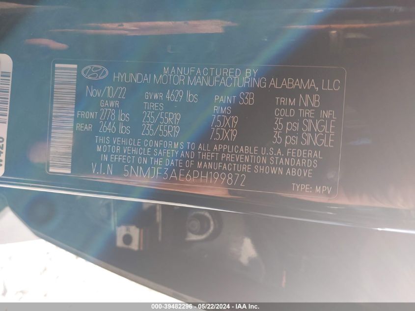 2023 Hyundai Tucson Sel VIN: 5NMJF3AE6PH199872 Lot: 39482296