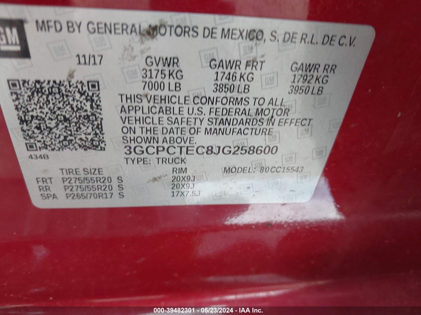 2018 Chevrolet Silverado 1500 High Country VIN: 3GCPCTEC8JG258600 Lot: 39482301