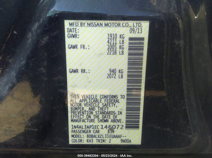 2014 Nissan Altima 2.5 Sl VIN: 1N4AL3AP1EC146072 Lot: 39482304