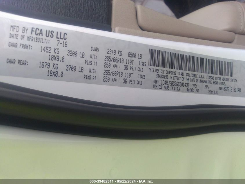 2016 Jeep Grand Cherokee Limited VIN: 1C4RJEBG2GC501430 Lot: 39482311