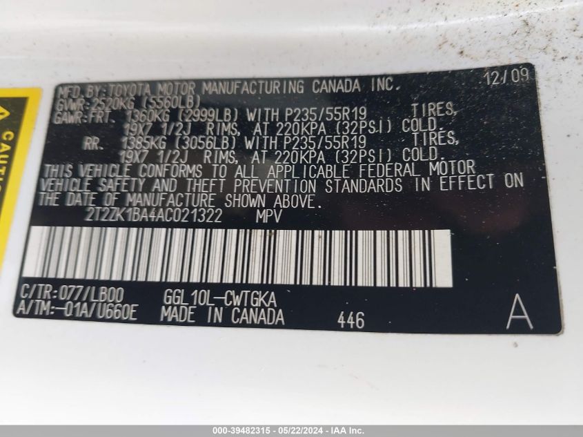 2010 Lexus Rx 350 VIN: 2T2ZK1BA4AC021322 Lot: 39482315