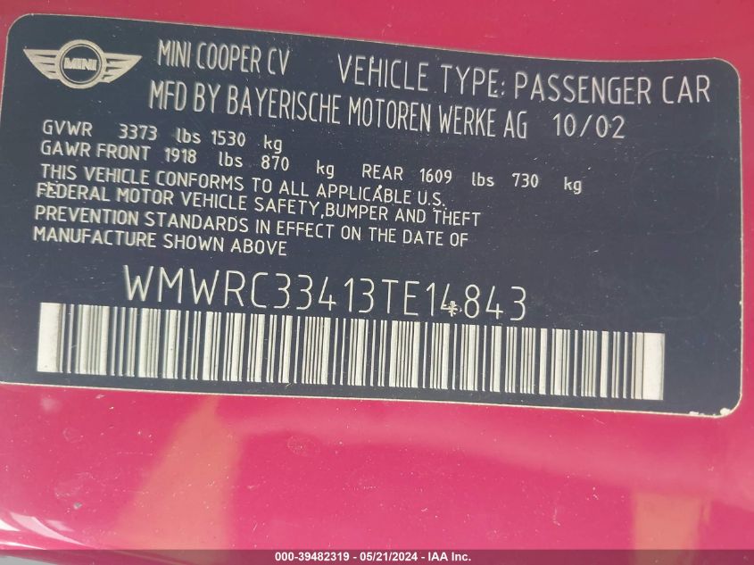 2003 Mini Cooper VIN: WMWRC33413TE14843 Lot: 39482319