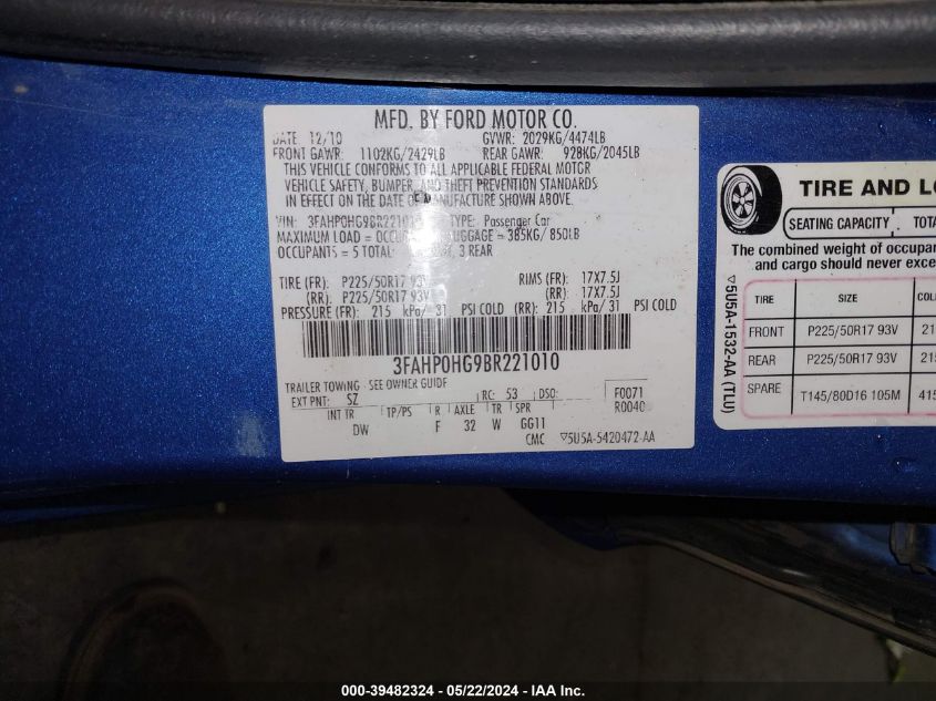 2011 Ford Fusion Se VIN: 3FAHP0HG9BR221010 Lot: 39482324