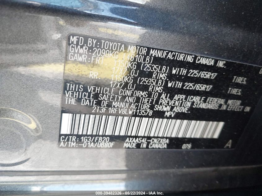 VIN 2T3F1RFV8LW113578 2020 TOYOTA RAV4 LE