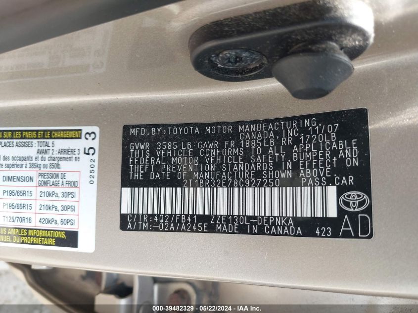 2008 Toyota Corolla Le VIN: 2T1BR32E78C927250 Lot: 39482329