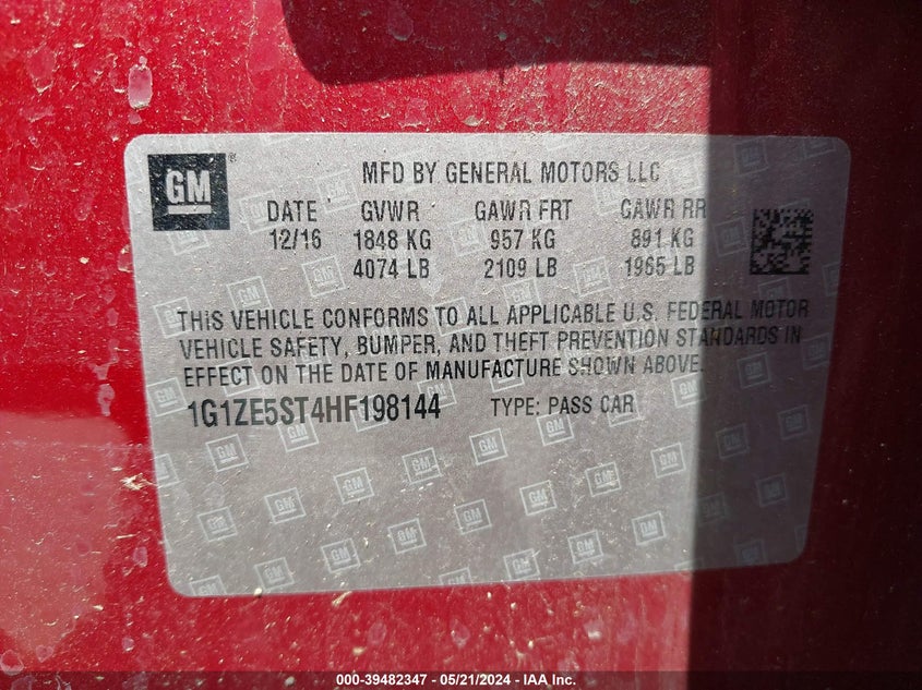 2017 Chevrolet Malibu 1Lt VIN: 1G1ZE5ST4HF198144 Lot: 39482347
