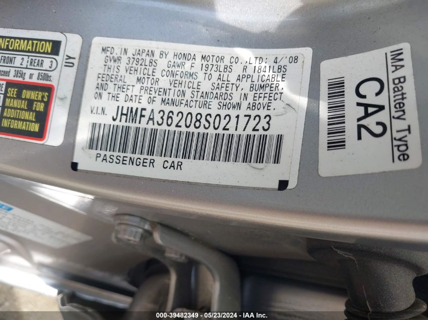 2008 Honda Civic Hybrid VIN: JHMFA36208S021723 Lot: 39482349