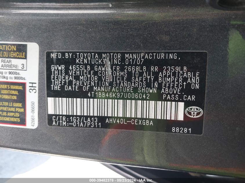 2007 Toyota Camry Hybrid VIN: 4T1BB46K97U006042 Lot: 39482378