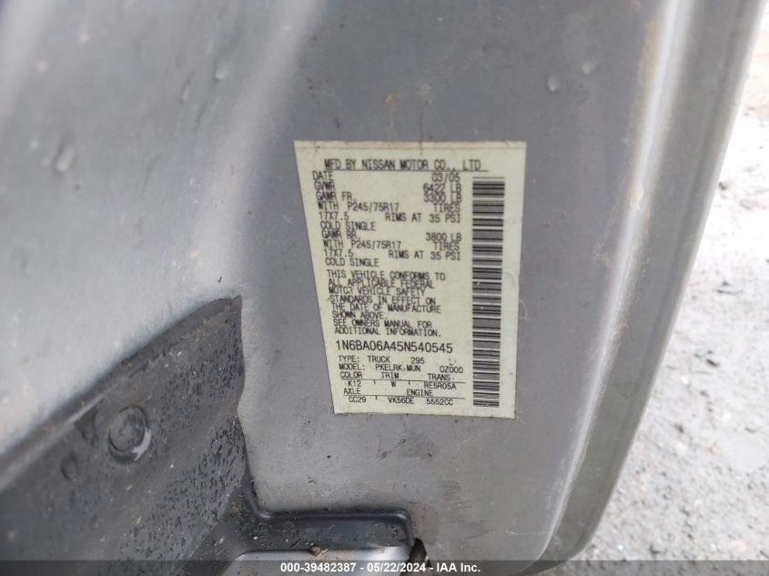 2005 Nissan Titan Xe VIN: 1N6BA06A45N540545 Lot: 39482387