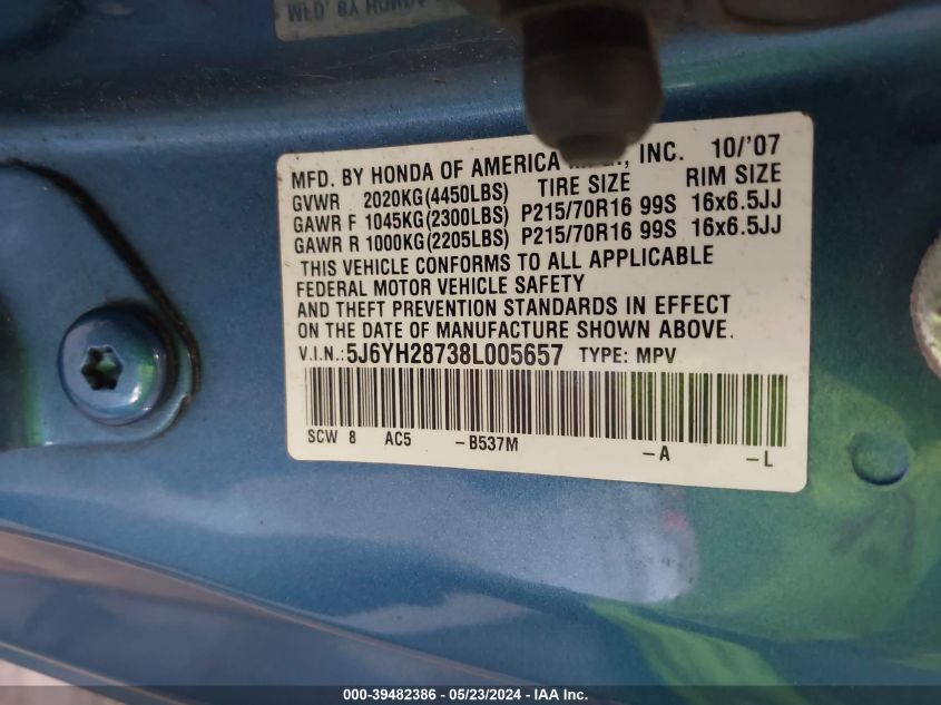 2008 Honda Element Ex VIN: 5J6YH28738L005657 Lot: 39482386