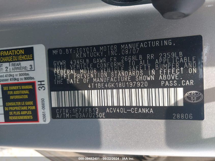 2008 Toyota Camry Le VIN: 4T1BE46K18U197920 Lot: 39482401