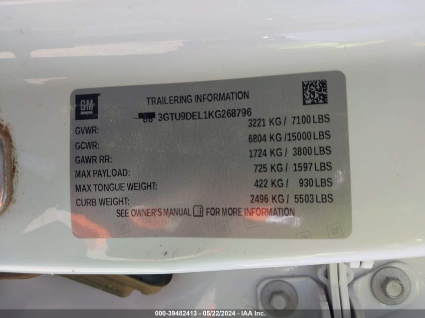 2019 GMC Sierra 1500 Slt VIN: 3GTU9DEL1KG268796 Lot: 39482413