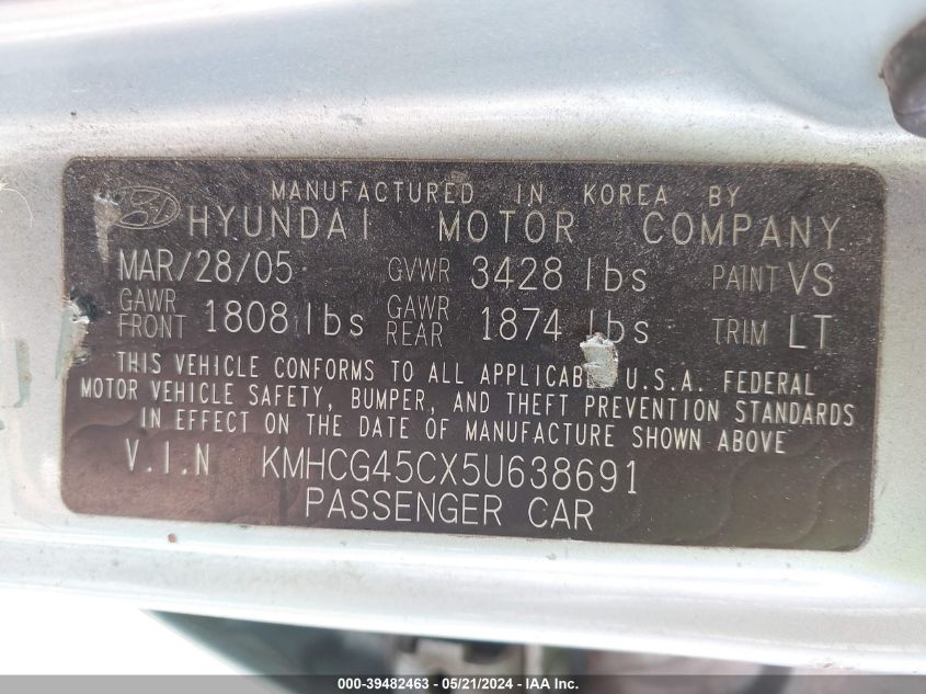 2005 Hyundai Accent Gls VIN: KMHCG45CX5U638691 Lot: 39482463