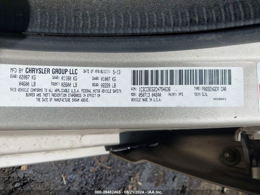 2013 Chrysler 200 Limited VIN: 1C3CCBCG2DN754636 Lot: 39482465