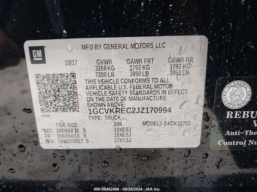 2018 Chevrolet Silverado 1500 2Lt VIN: 1GCVKREC2JZ170994 Lot: 39482466