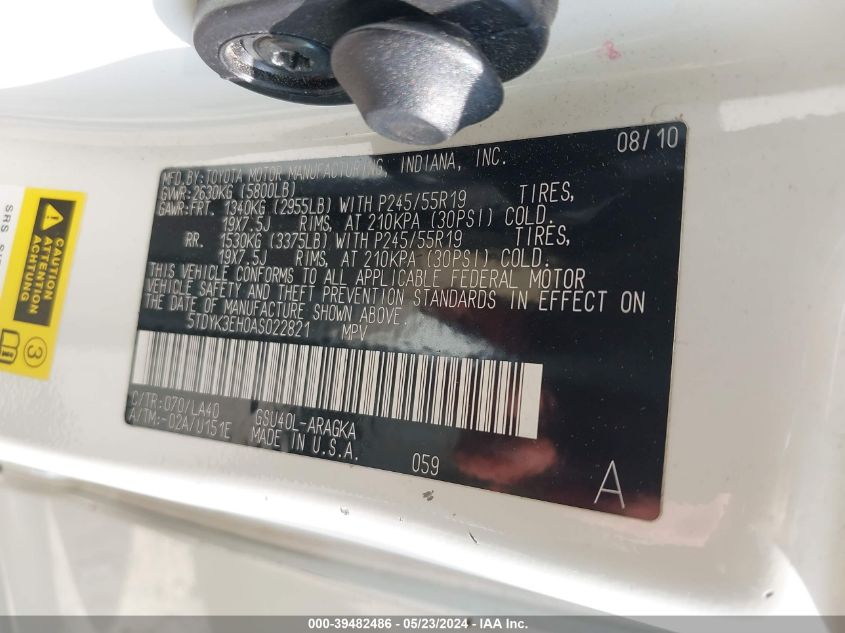 2010 Toyota Highlander Limited V6 VIN: 5TDYK3EH0AS022821 Lot: 39482486