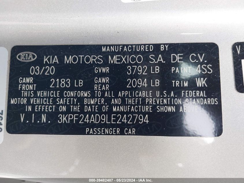 2020 Kia Forte Lxs VIN: 3KPF24AD9LE242794 Lot: 39482487