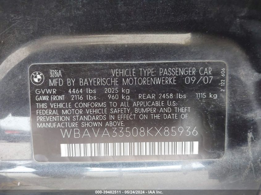 2008 BMW 328I VIN: WBAVA33508KX85936 Lot: 39482511