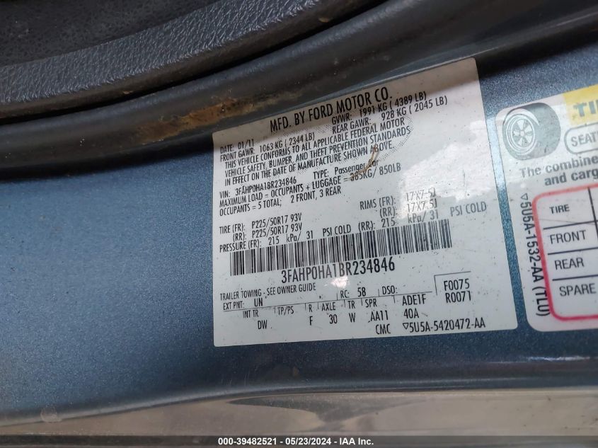 2011 Ford Fusion Se VIN: 3FAHP0HA1BR234846 Lot: 39482521