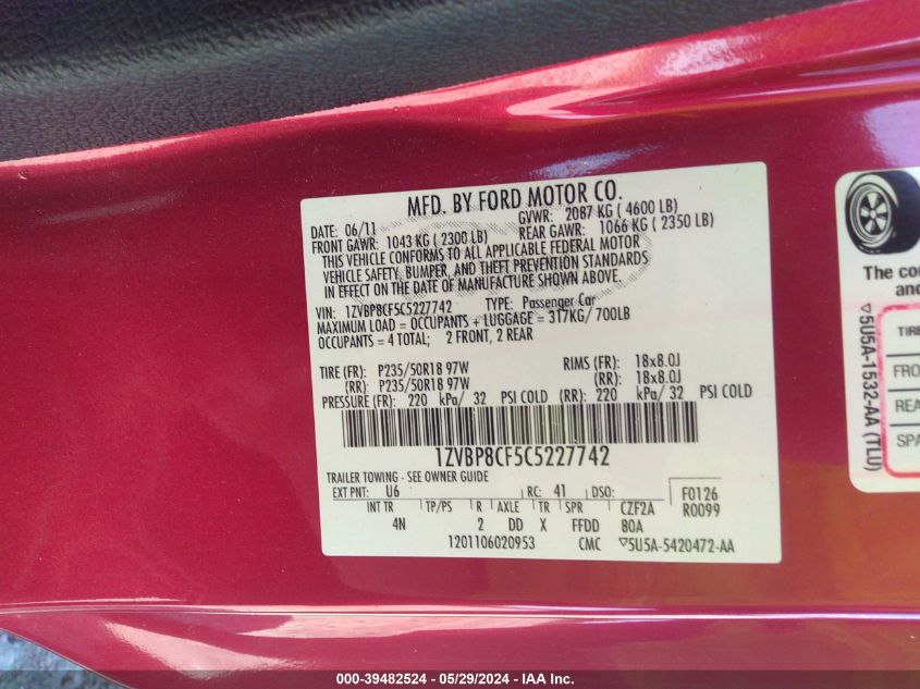 2012 Ford Mustang Gt Premium VIN: 1ZVBP8CF5C5227742 Lot: 39482524