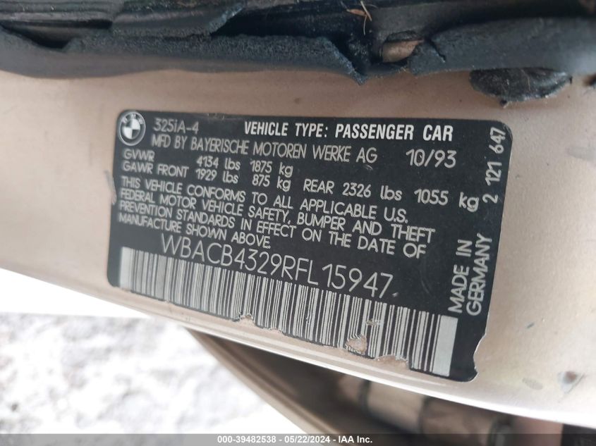 1994 BMW 325 I Automatic VIN: WBACB4329RFL15947 Lot: 39482538