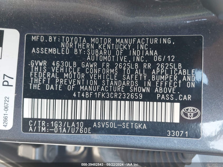 2012 Toyota Camry Xle VIN: 4T4BF1FK3CR232659 Lot: 39482543