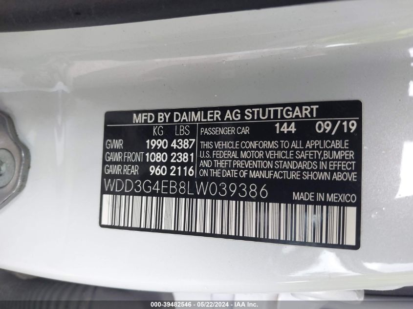 2020 Mercedes-Benz A 220 VIN: WDD3G4EB8LW039386 Lot: 39482546