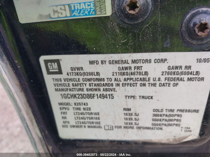 2006 Chevrolet Silverado 2500Hd Lt3 VIN: 1GCHK23D86F149415 Lot: 39482573
