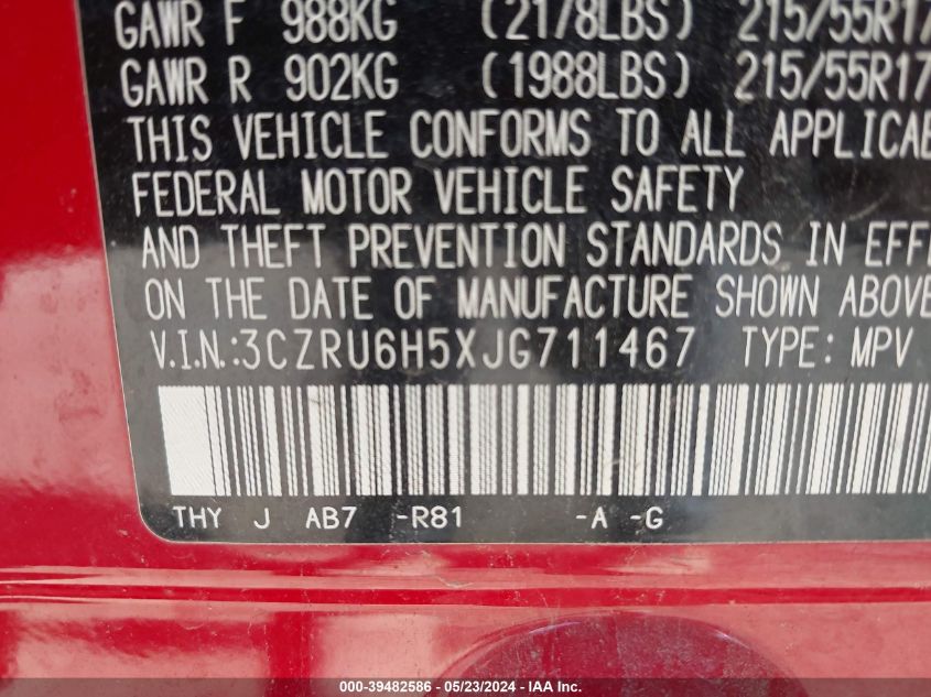 2018 Honda Hr-V Ex VIN: 3CZRU6H5XJG711467 Lot: 39482586